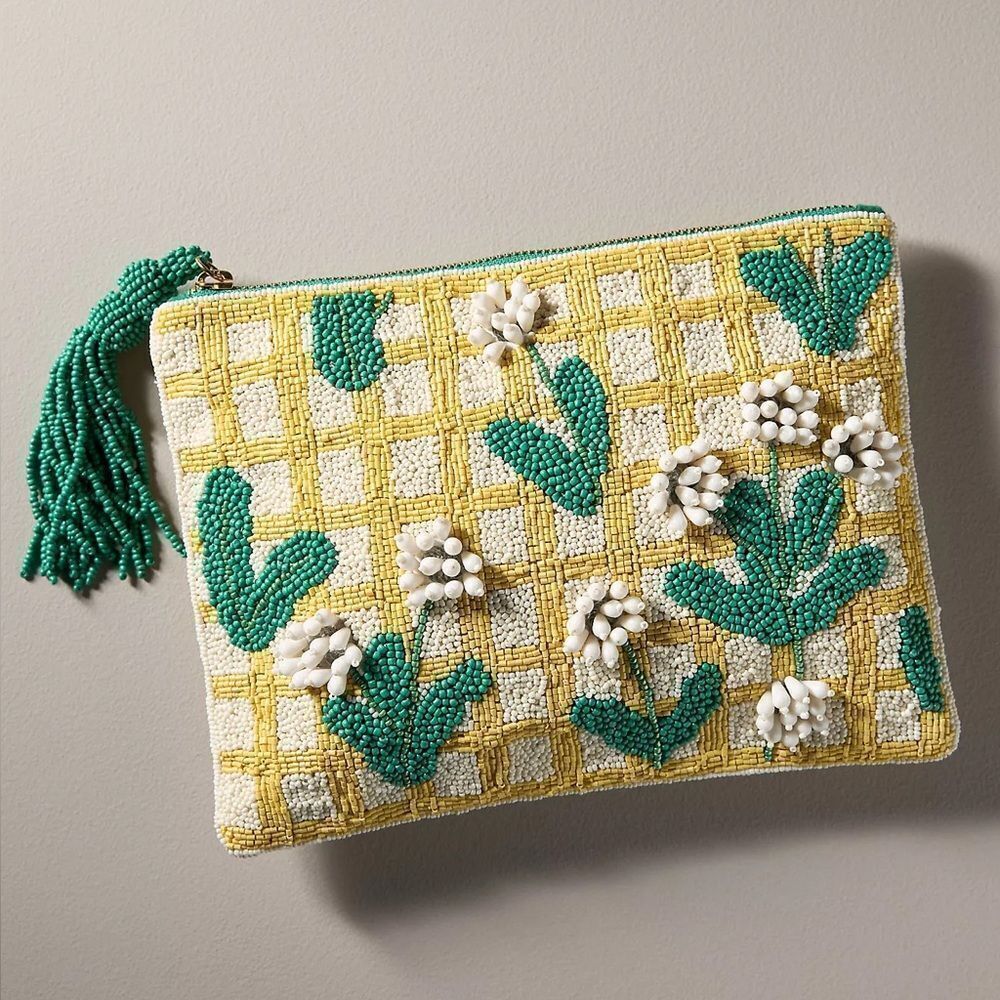 NWT Anthropologie The Fiona Large Beaded Pouch Lattice Floral Clutch Purse Bag